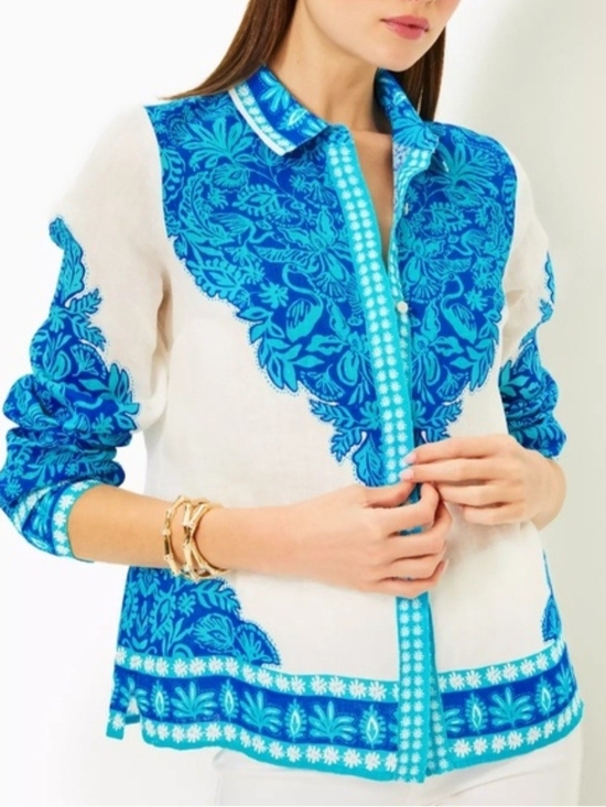 Lilly Pulitzer Tops - Lilly Pulitzer White Button-Down Shirt with Bright Blue Floral Print